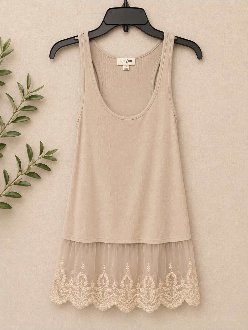 Umgee Beige Lace-Trim Sleep Chemise Tank